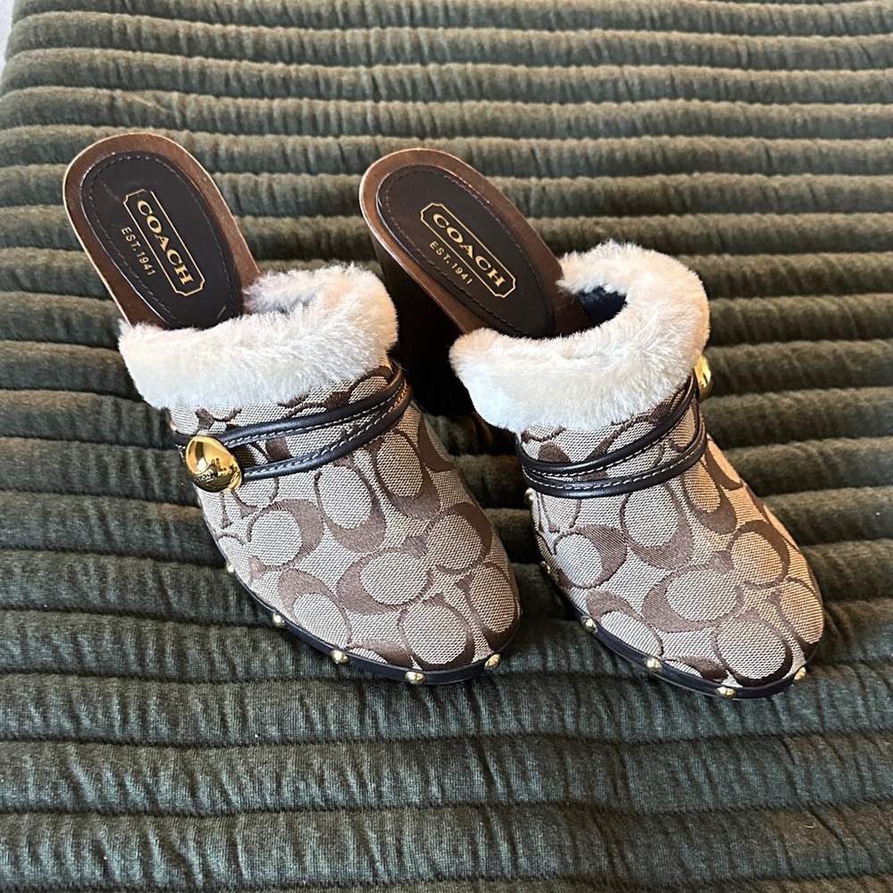 Coach Brown and Cream Clogs with Gold Accents